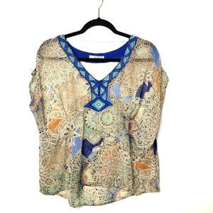 Miss Me Western Embellished Sheer Top Beaded Blouse Short Sleeve Boho Top Size S
